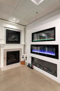 Electric fireplaces in our new showroom.