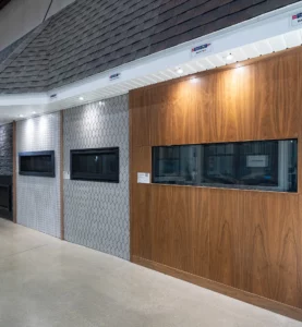 Modern fireplaces in our new showroom.
